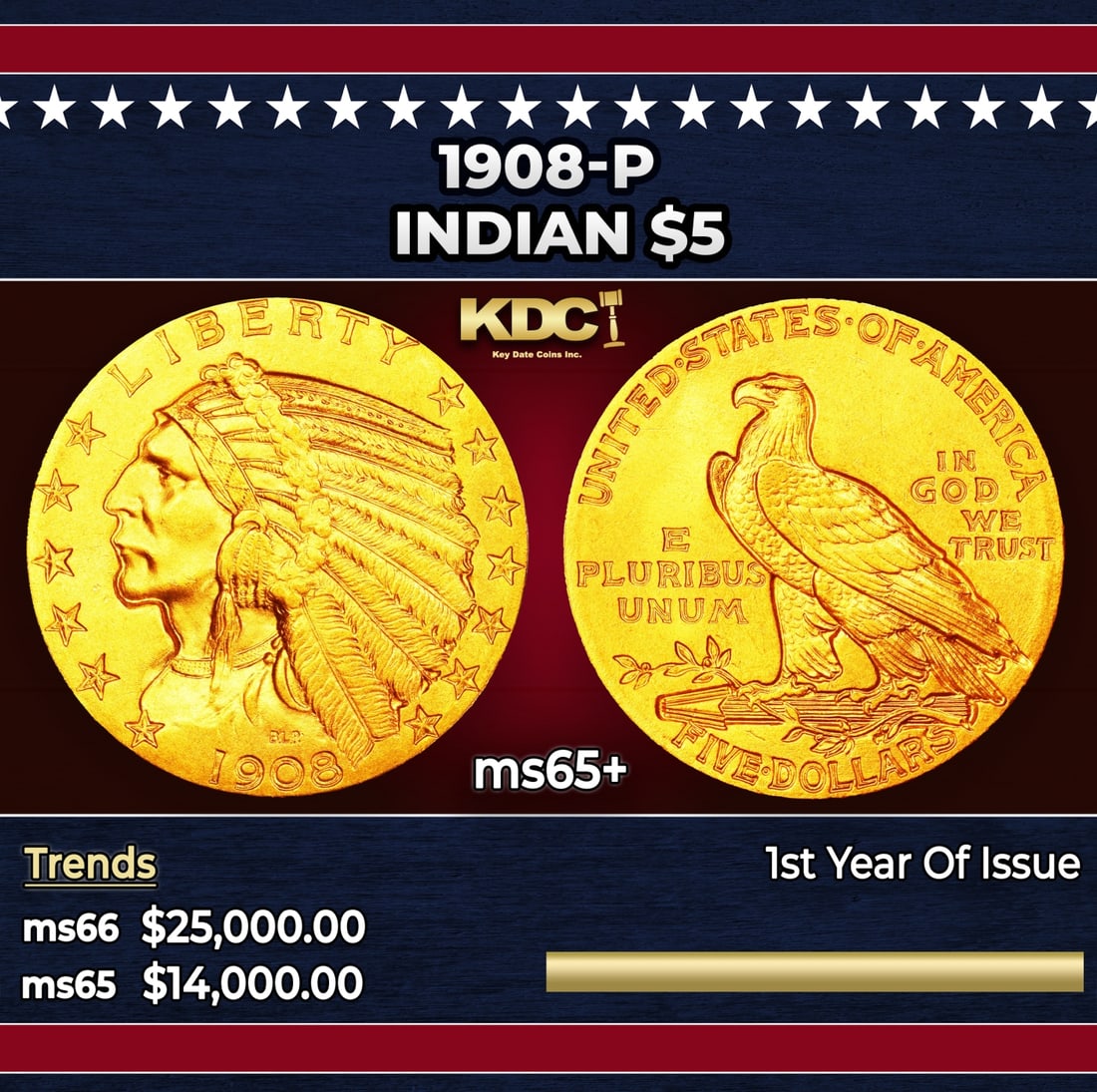 1908-p Gold Indian Half Eagle $5 ms65+ USCG: 1908-p Gold Indian Half Eagle $5 ms65+ USCG. Always in demand as the first issue of its design type, the 1908 Indian half eagle was widely saved as souvenirs. Only a few examples survived in high Mint