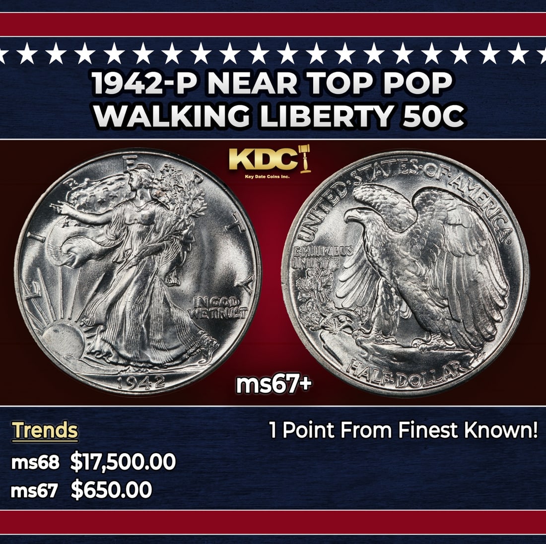 1942-p Walking Liberty Half Dollar Near Top Pop 50c ms67+ SEGS: 1942-p Near Top Pop Walking Liberty Half Dollar 50c ms67+ SEGS. Historic precious metal trends is causing increased spot pricing by the day. On auctions with set openings, we are doing our best to hav