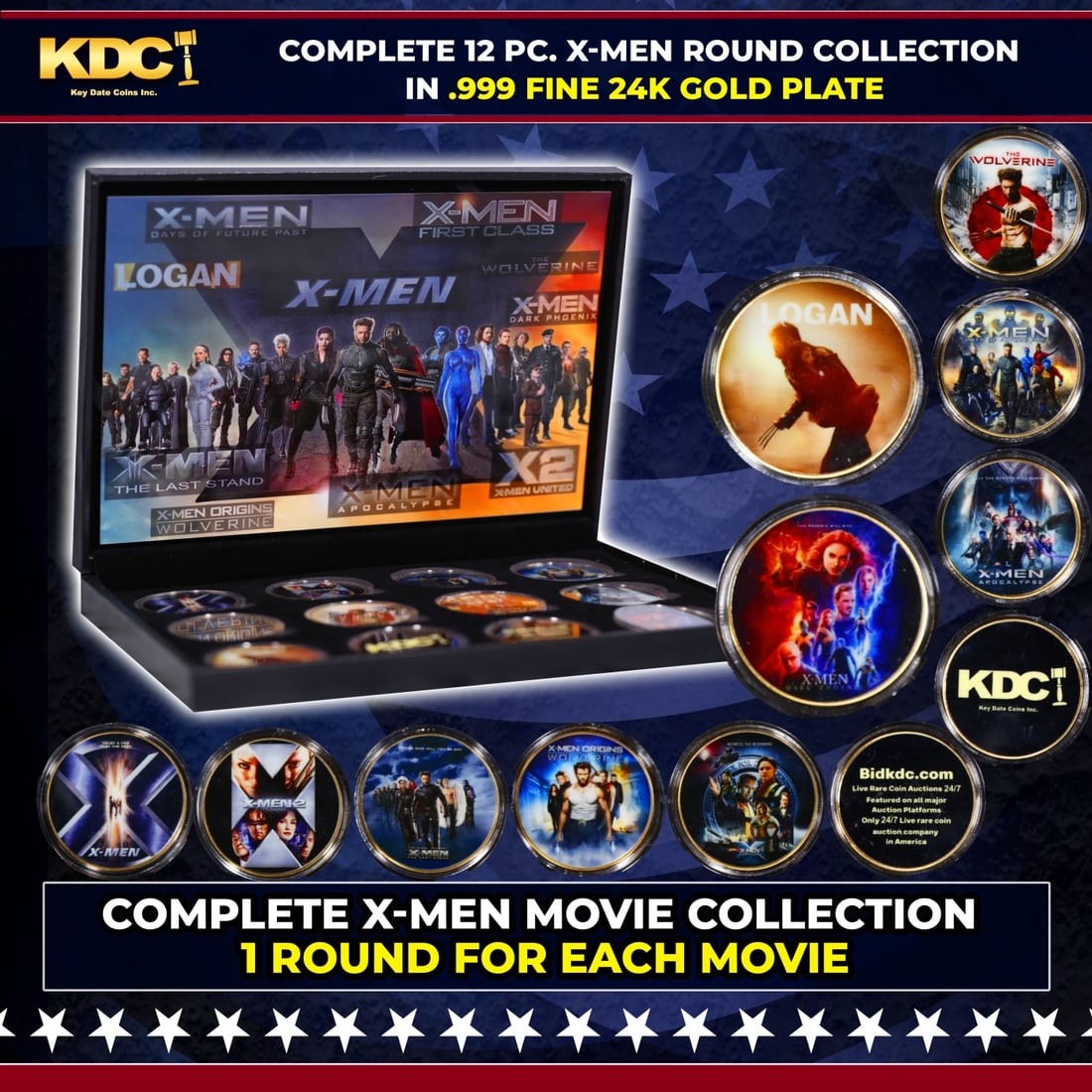 12 Coin Complete X-Men Movie Gold Plated Round Collection In Custom Box W/ Special Backer Card: 12 Coin Complete X-Men Movie Gold Plated Round Collection In Custom Box W/ Special Backer Card. Please Note All Backer Cards may have slight differences but will be very similar if not identical to th