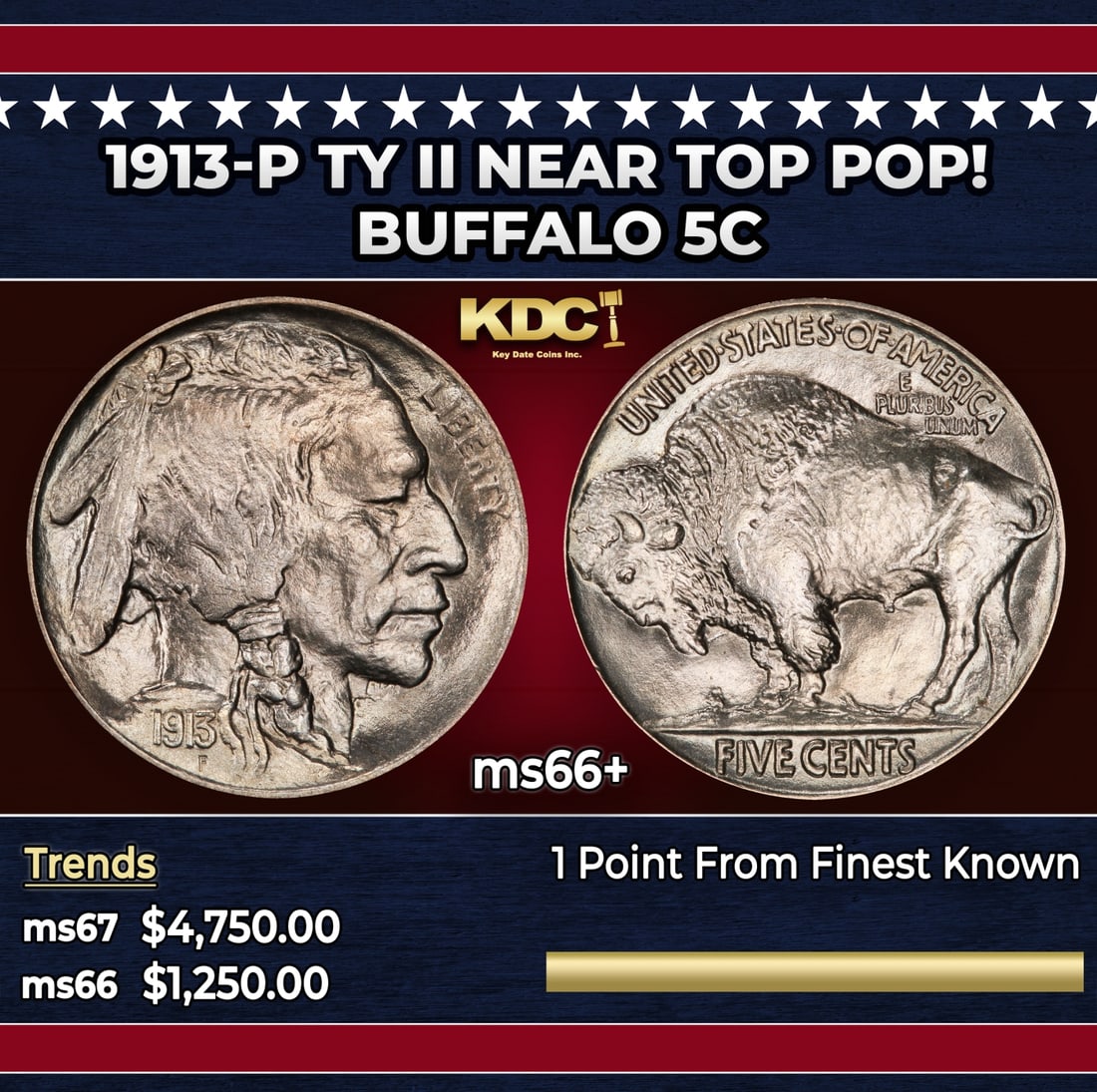 1913-p Ty II Buffalo Nickel Near Top Pop! 5c ms66+ SEGS: 1913-p Ty II Near Top Pop! Buffalo Nickel 5c ms66+ SEGS. Historic precious metal trends is causing increased spot pricing by the day. On auctions with set openings, we are doing our best to have items