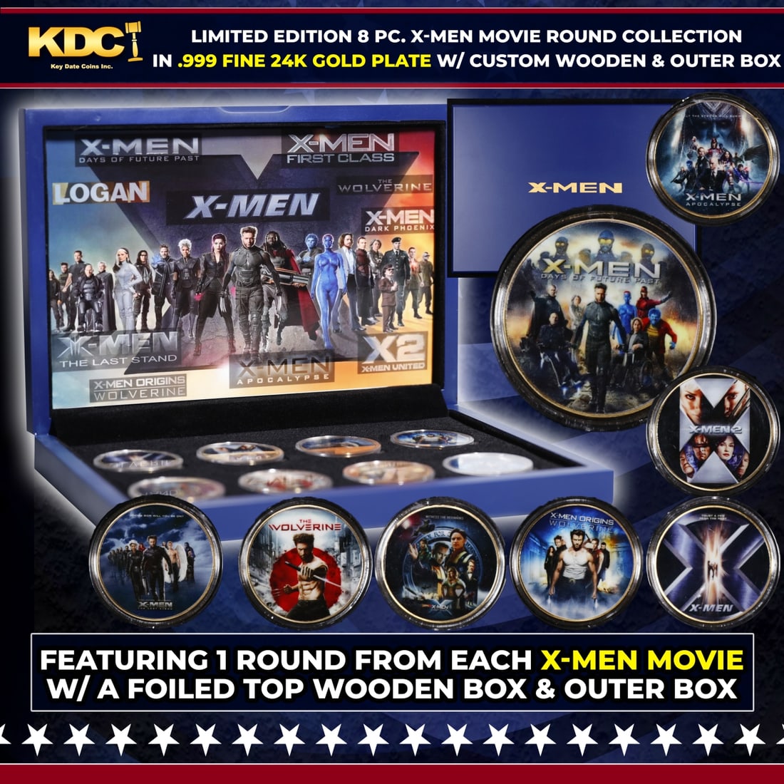Limited Edition 8 Coin X-men Movie Gold Plated Collection In Custom WOODEN Box W/ Special Backer: Limited Edition 8 Coin X-men Movie Gold Plated Collection In Custom WOODEN Box W/ Special Backer card. Please Note All Backer Cards may have slight differences but will be very similar if not identica