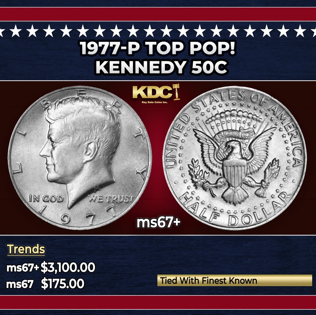1977-p Kennedy Half Dollar TOP POP! 50c ms67+ SEGS: 1977-p TOP POP! Kennedy Half Dollar 50c ms67+ SEGS. Historic precious metal trends is causing increased spot pricing by the day. On auctions with set openings, we are doing our best to have items pric