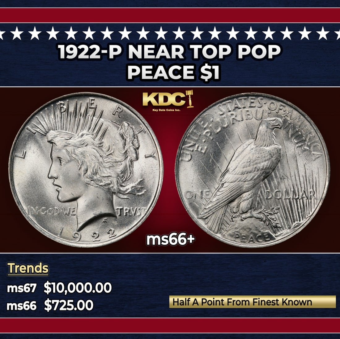 1922-p Peace Dollar Near Top Pop $1 ms66+ SEGS: 1922-p Near Top Pop Peace Dollar $1 ms66+ SEGS. Historic precious metal trends is causing increased spot pricing by the day. On auctions with set openings, we are doing our best to have items priced a