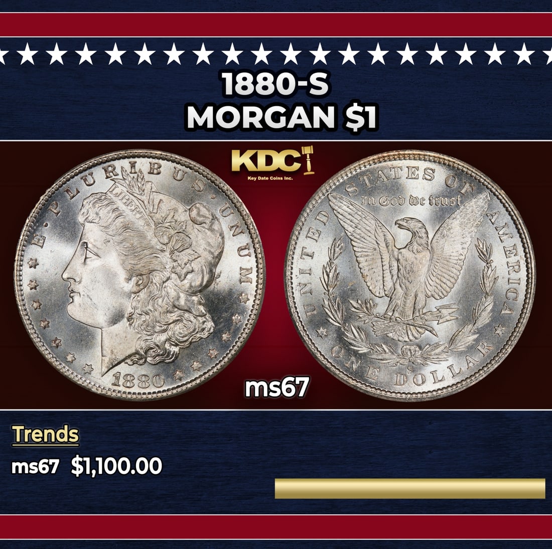 1880-s Morgan Dollar $1 ms67 SEGS: 1880-s Morgan Dollar $1 ms67 SEGS. Historic precious metal trends is causing increased spot pricing by the day. On auctions with set openings, we are doing our best to have items priced at their marke