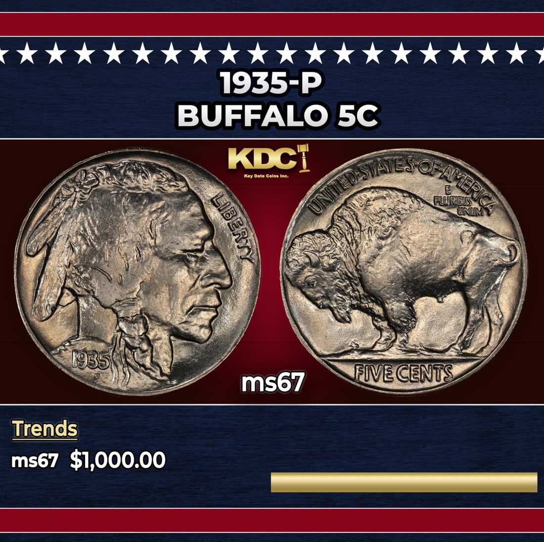1935-p Buffalo Nickel 5c ms67 SEGS: 1935-p Buffalo Nickel 5c ms67 SEGS. Historic precious metal trends is causing increased spot pricing by the day. On auctions with set openings, we are doing our best to have items priced at their mark