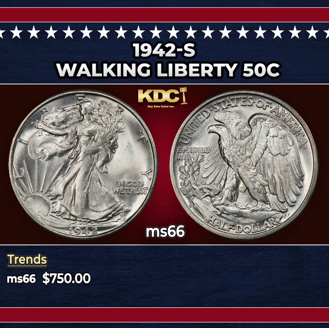 1942-s Walking Liberty Half Dollar 50c Grades ms66: 1942-s Walking Liberty Half Dollar 50c Grades ms66. Historic precious metal trends is causing increased spot pricing by the day. On auctions with set openings, we are doing our best to have items pric