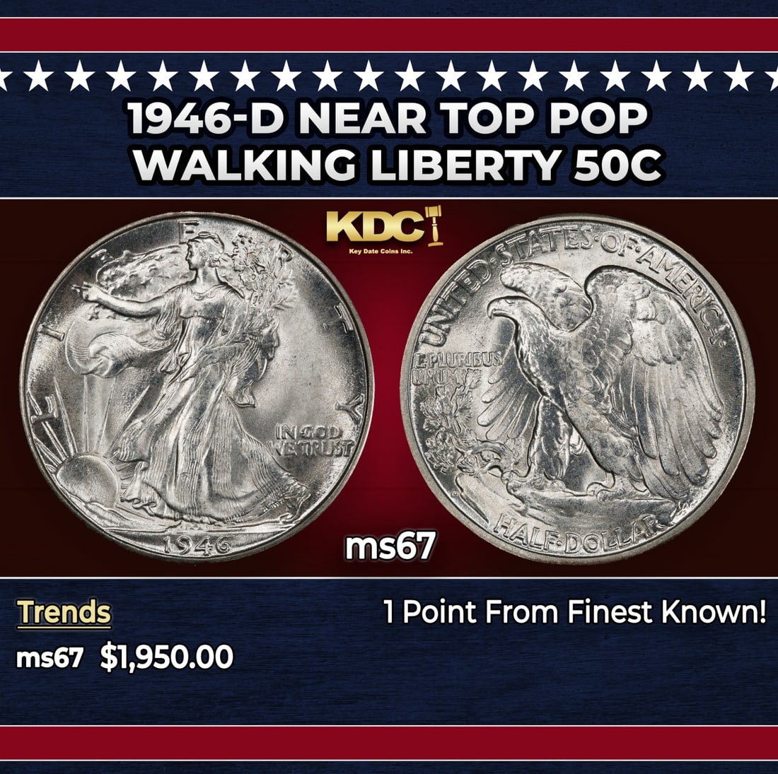 1946-d Walking Liberty Half Dollar Near Top Pop 50c ms67 SEGS: 1946-d Near Top Pop Walking Liberty Half Dollar 50c ms67 SEGS. Historic precious metal trends is causing increased spot pricing by the day. On auctions with set openings, we are doing our best to have