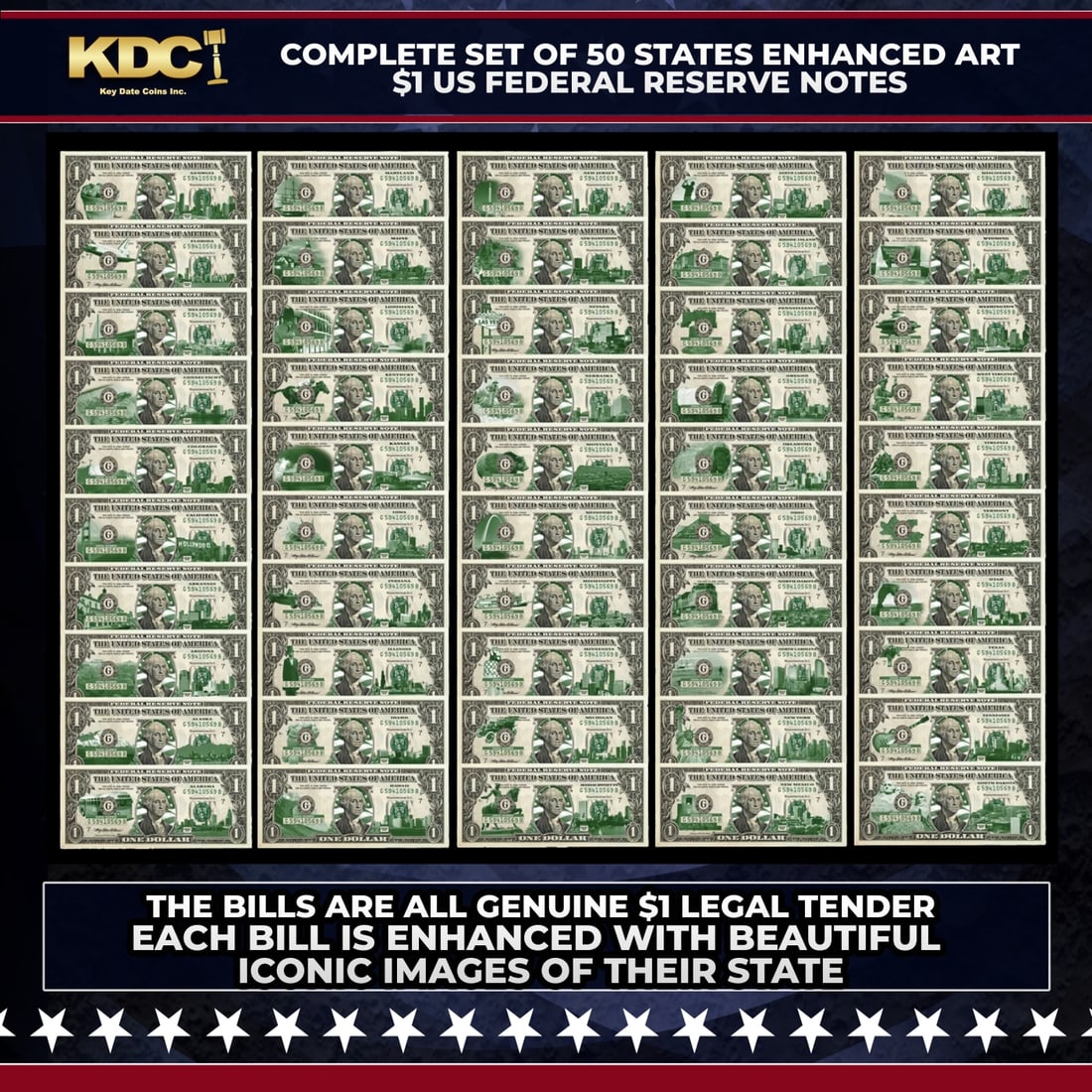 Complete Set of 50 States Enhanced Art $1 US Federal Reserve Notes (The Bills Are Real) Other Toy: Complete Set of 50 States Enhanced Art $1 US Federal Reserve Notes (The Bills Are Real). Here's your chance to possess a complete set of fifty (50) STATE uncirculated one-dollar bills, each with magni