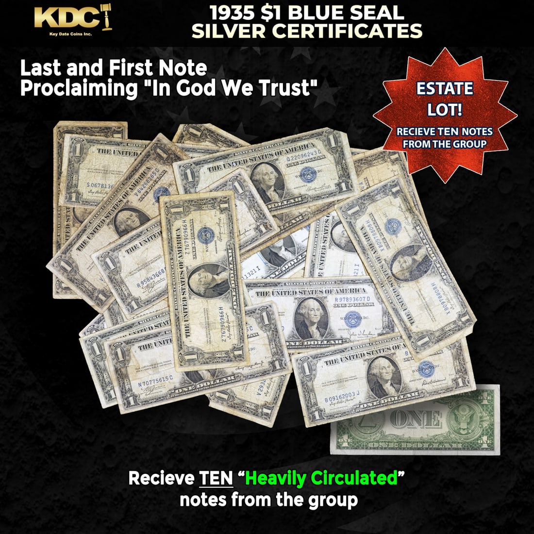 10x 1935 $1 Blue Seal Silver Certificates Heavily Circulated: 10x 1935 $1 Blue Seal Silver Certificates Heavily Circulated. Silver Certificates were redeemable in Silver. One of their most distinctive qualities is the blue Treasury seal and serial numbers. These