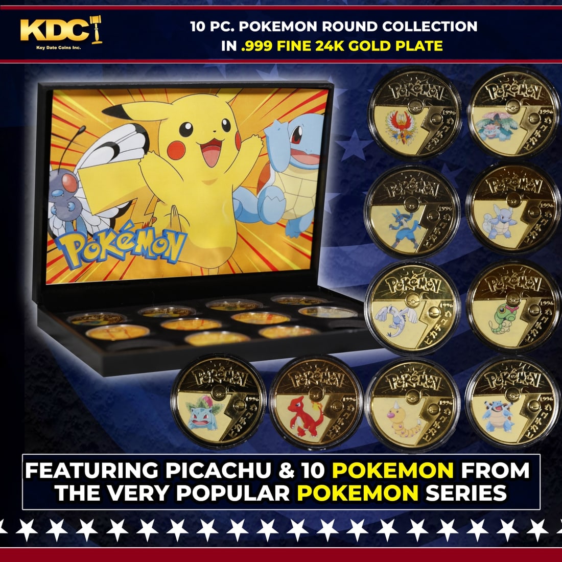 10 Coin Pokemon - Picachu Gold Plated Round Collection In Custom Box W/ Special Backer card: 10 Coin Pokemon - Picachu Gold Plated Round Collection In Custom Box W/ Special Backer card. Please Note All Backer Cards may have slight differences but will be very similar if not identical to the o