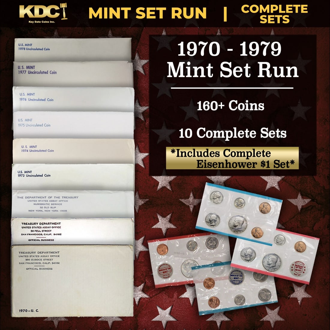 1970-1979 Mint Set Run 168 Coins 10 Complete Sets Complete Ike $1 Set: 1970-1979 Mint Set Run 168 Coins 10 Complete Sets Complete Ike $1 Set. Historic precious metal trends is causing increased spot pricing by the day. On auctions with set openings, we are doing our best