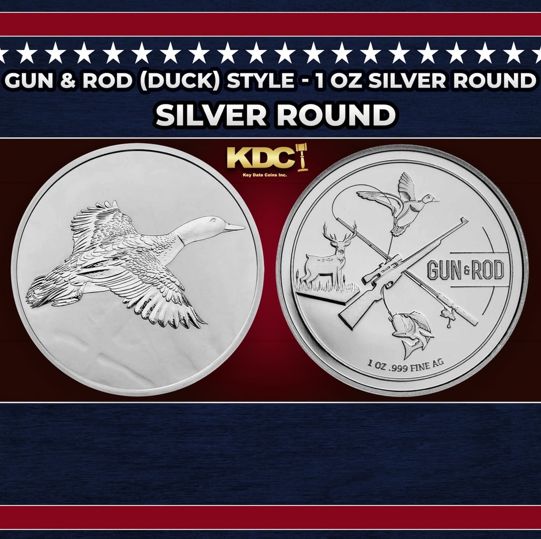 Gun & Rod (Duck) Style - 1 oz Silver Round Round: Gun & Rod (Duck) Style - 1 oz Silver Round. The Gun & Rod series of silver rounds features various animals from the hunting & fishing lifestyle. Perfect for outdoor enthusiasts and collectors alike. C