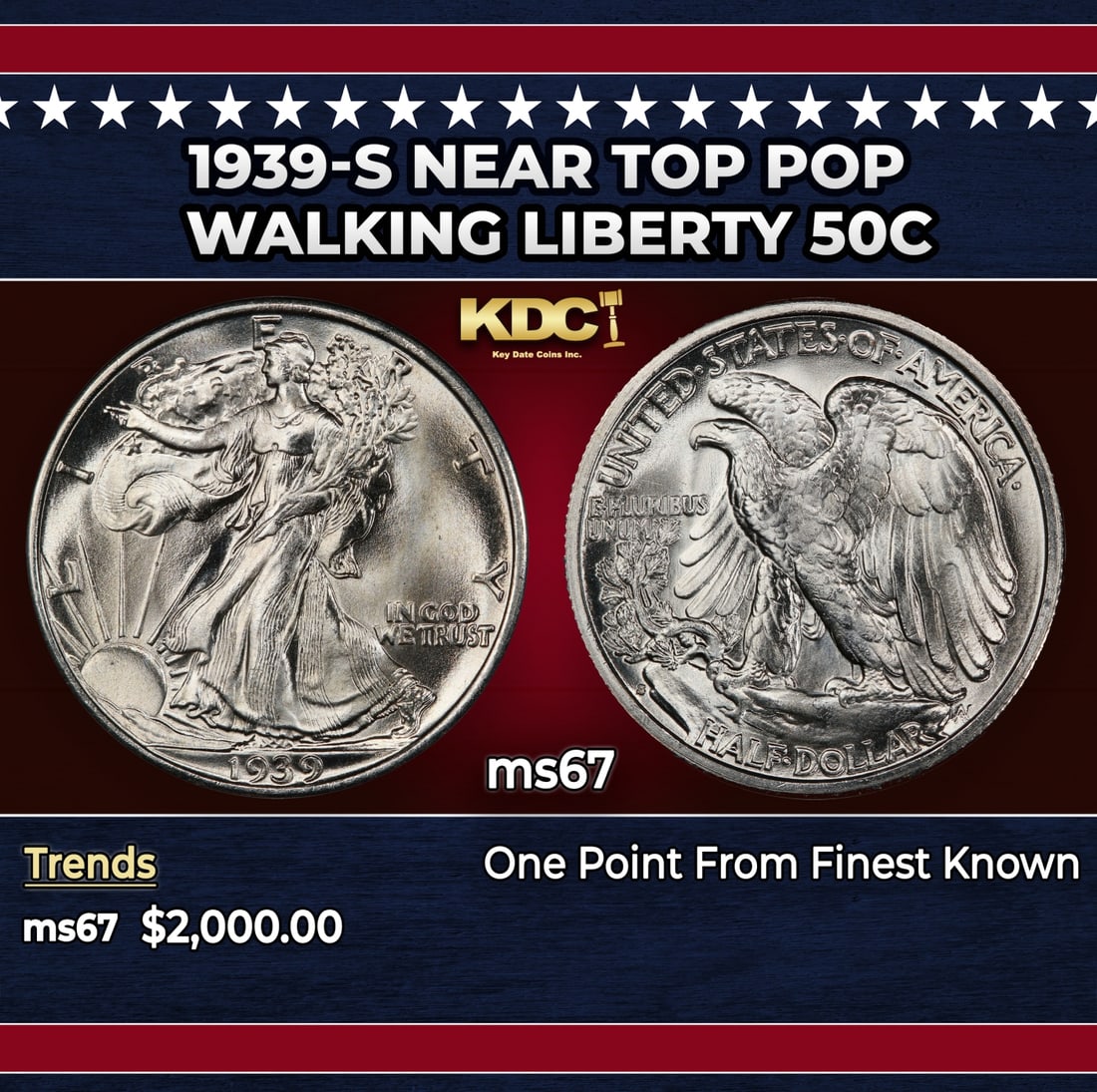 1939-s Walking Liberty Half Dollar Near Top Pop 50c ms67 SEGS: 1939-s Near Top Pop Walking Liberty Half Dollar 50c ms67 SEGS. Historic precious metal trends is causing increased spot pricing by the day. On auctions with set openings, we are doing our best to have