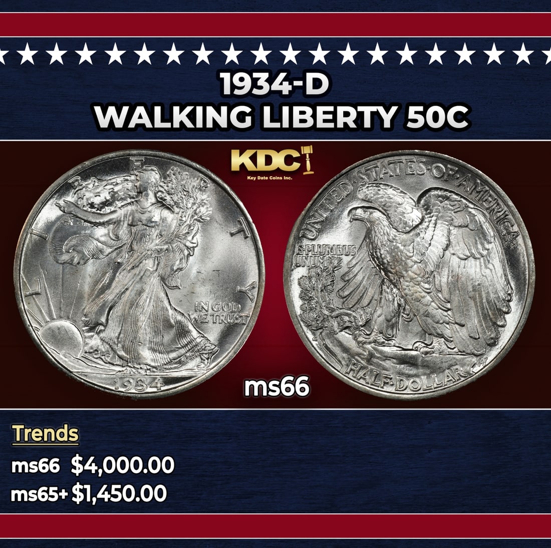 1934-d Walking Liberty Half Dollar 50c ms66 SEGS: 1934-d Walking Liberty Half Dollar 50c ms66 SEGS. Historic precious metal trends is causing increased spot pricing by the day. On auctions with set openings, we are doing our best to have items priced