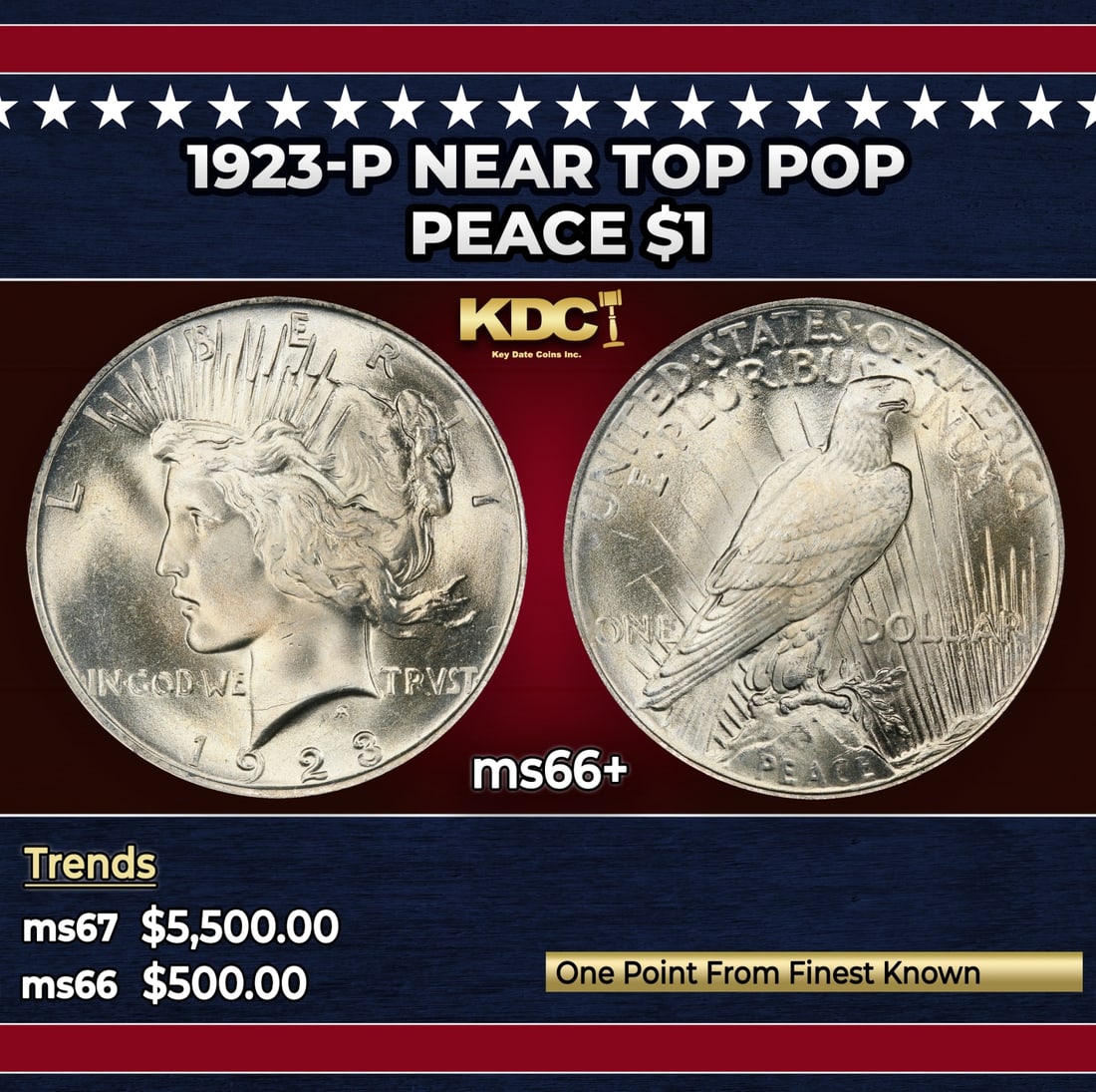 1923-p Peace Dollar Near Top Pop $1 ms66+ SEGS: 1923-p Near Top Pop Peace Dollar $1 ms66+ SEGS. Historic precious metal trends is causing increased spot pricing by the day. On auctions with set openings, we are doing our best to have items priced a