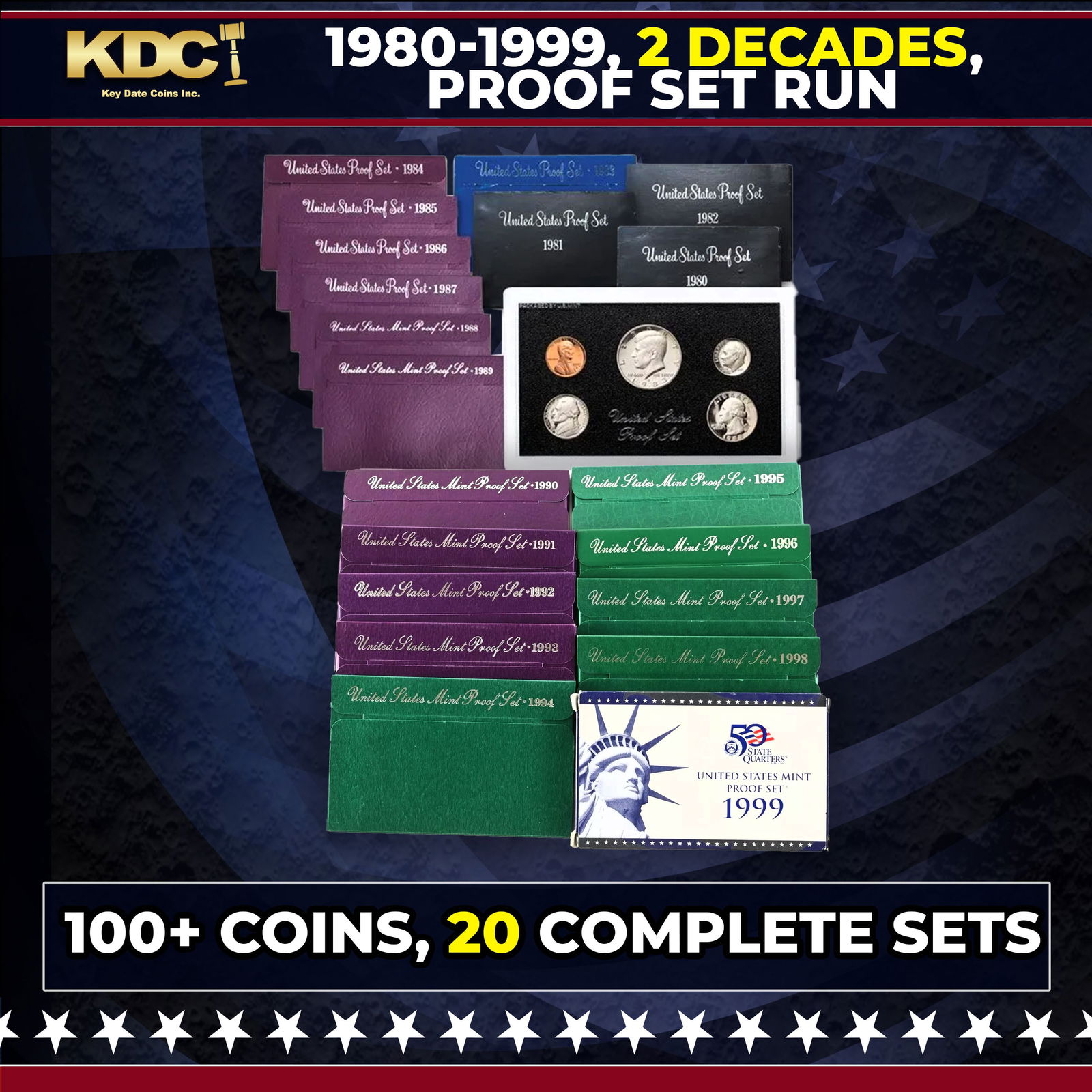 1980-1999 2 Decades Proof Set Run - 100+ Coins, 20 Complete Sets: 1980-1999 2 Decades Proof Set Run - 100+ Coins, 20 Complete Sets. 1980-1999 2 Decades Proof Set Run - 107 Coins, 10 Complete Sets. 1999 Saw the introduction of the 50 State Quarters series.Historic pr