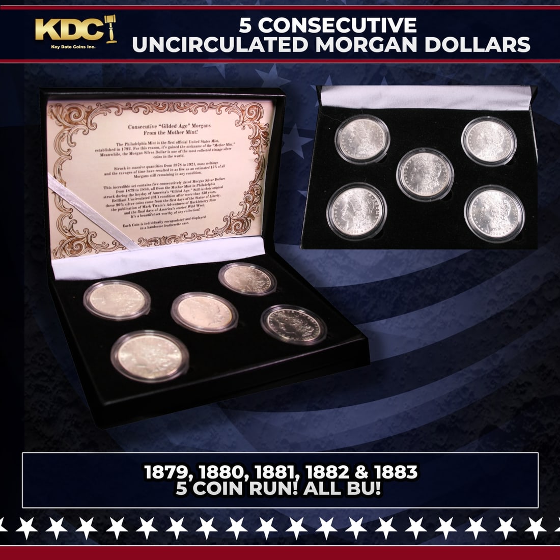 5x Coin Consecutive MORGAN Set 1879-1883-p ALL UNC, 5 Morgan Dollars From Philly: 5x Coin Consecutive MORGAN Set 1879-1883-p ALL UNC, 5 Morgan Dollars From Philly. Please Note All Backer Cards may have slight differences but will be very similar if not identical to the one in the p