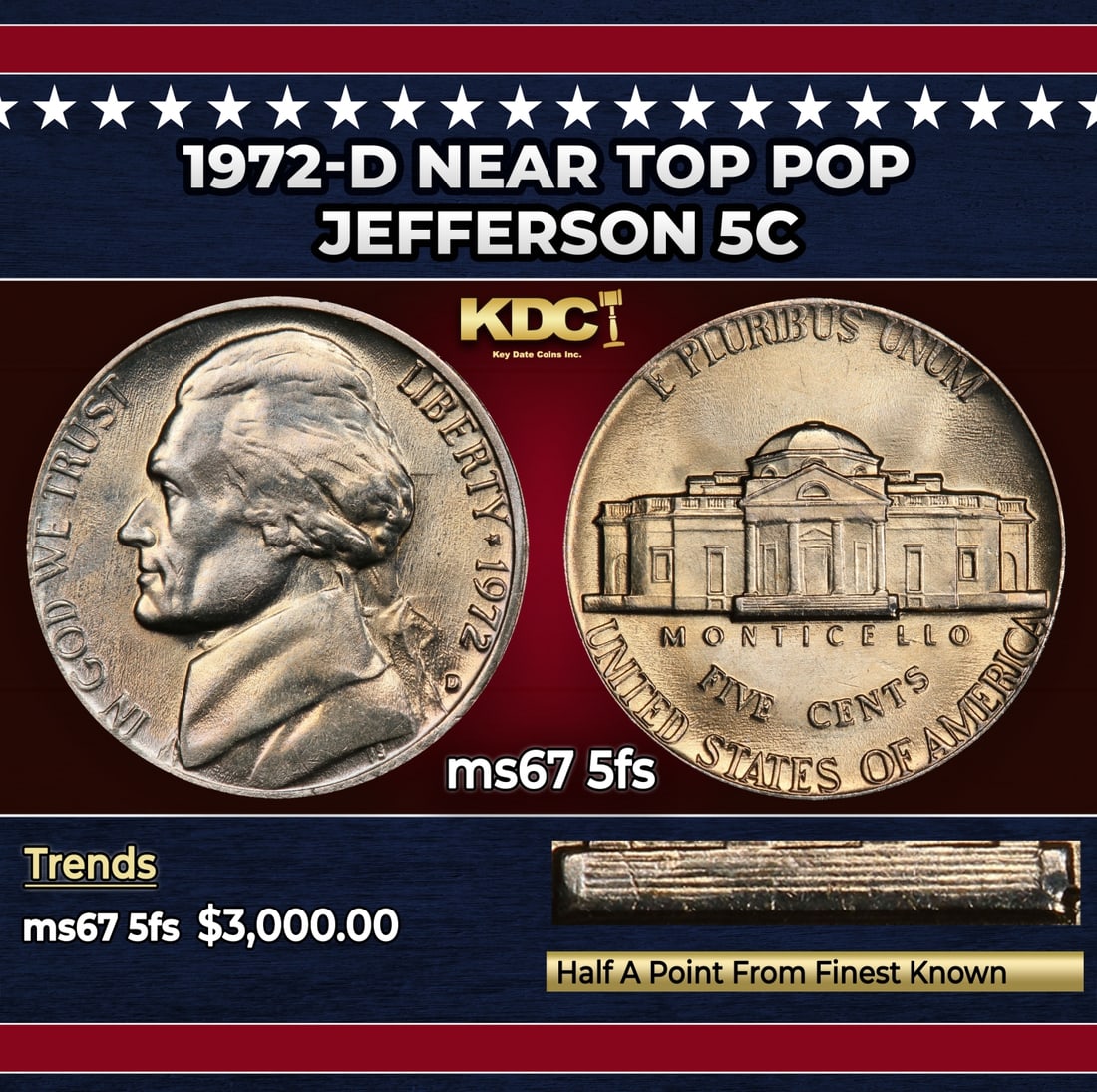 1972-d Jefferson Nickel Near Top Pop 5c ms67 5fs SEGS: 1972-d Near Top Pop Jefferson Nickel 5c ms67 5fs SEGS. Historic precious metal trends is causing increased spot pricing by the day. On auctions with set openings, we are doing our best to have items p
