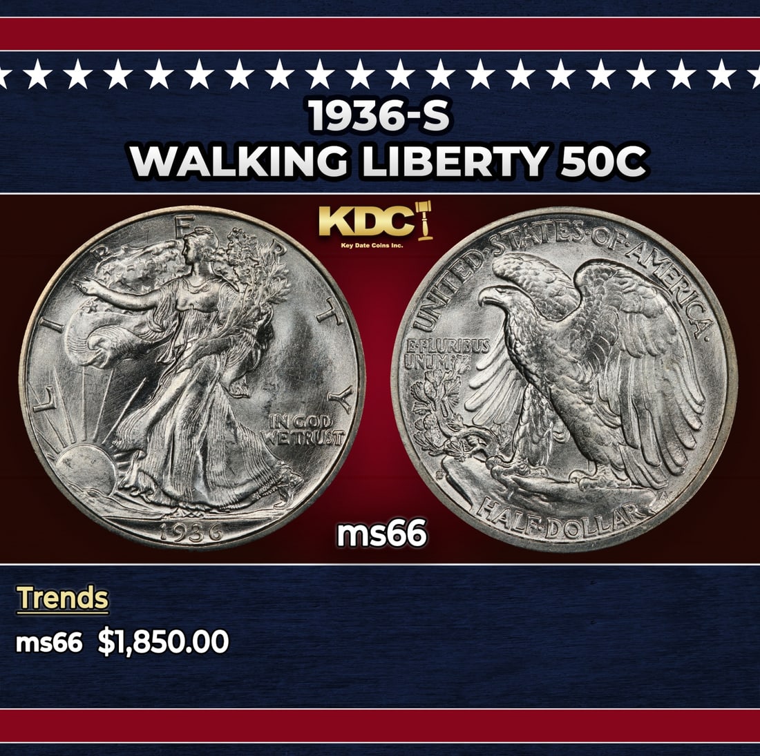 1936-s Walking Liberty Half Dollar 50c ms66 SEGS: 1936-s Walking Liberty Half Dollar 50c ms66 SEGS. Historic precious metal trends is causing increased spot pricing by the day. On auctions with set openings, we are doing our best to have items priced
