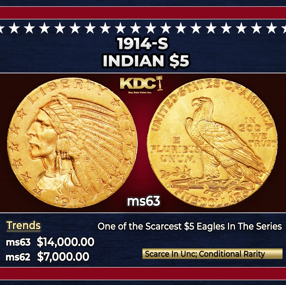 1914-s Gold Indian Half Eagle $5 ms63 USCG: 1914-s Gold Indian Half Eagle $5 ms63 USCG. Superior striking quality and surface preservation highlight this significant rarity among Indian half eagles. The devices are uniformly bold with most feat