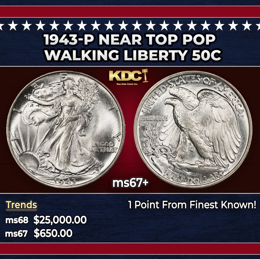 1943-p Walking Liberty Half Dollar Near Top Pop 50c ms67+ SEGS: 1943-p Near Top Pop Walking Liberty Half Dollar 50c ms67+ SEGS. Historic precious metal trends is causing increased spot pricing by the day. On auctions with set openings, we are doing our best to hav