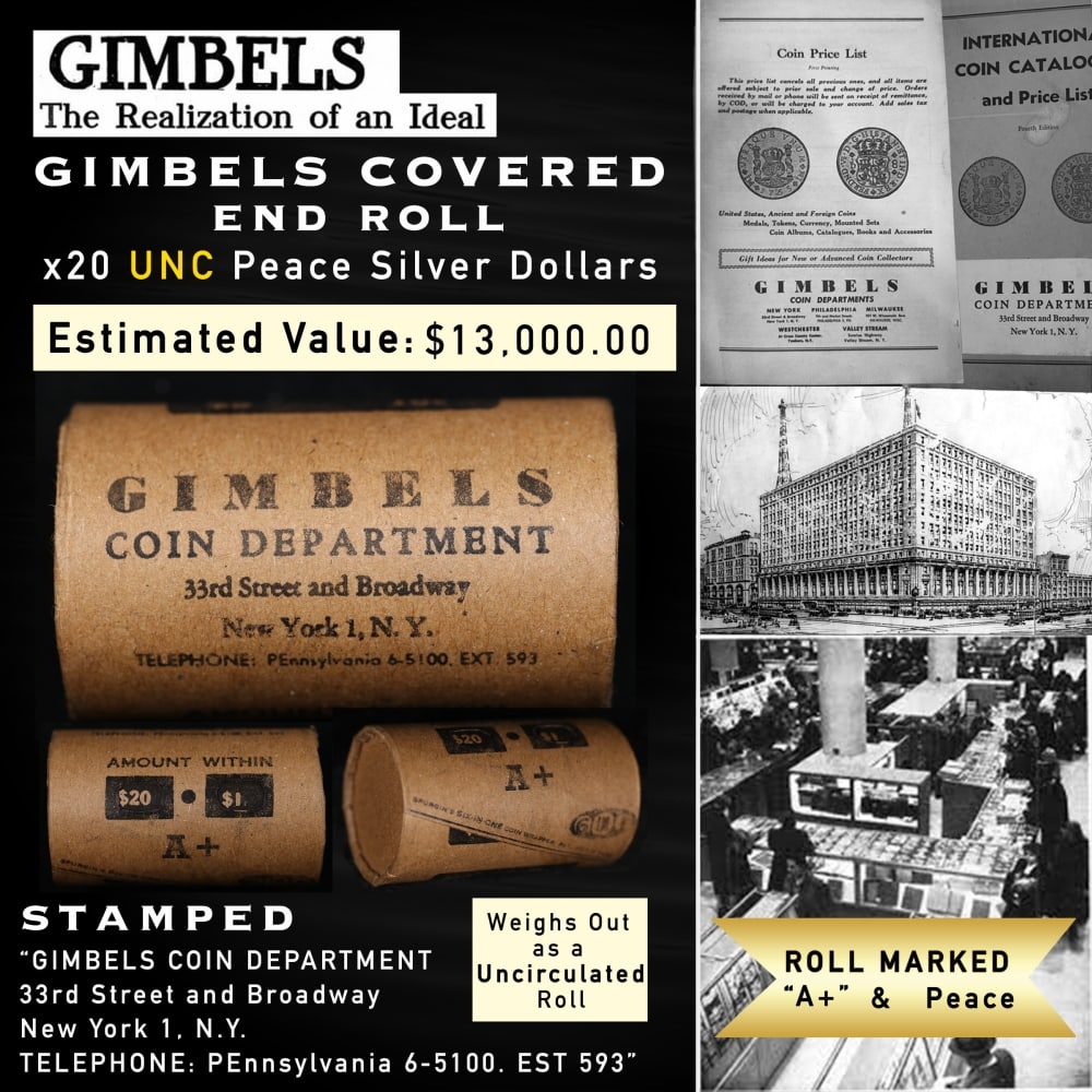 GIMBLES UNC Peace Roll 20 Coin A+: GIMBLES UNC Peace Roll 20 Coin A+. Up For Auction is a 120- GIMBLES UNC Peace Roll 20 Coin A+ Roll Weighing 537.8 g Based On this weight this is a UNC Roll We are very excited to present over 1,500 Si