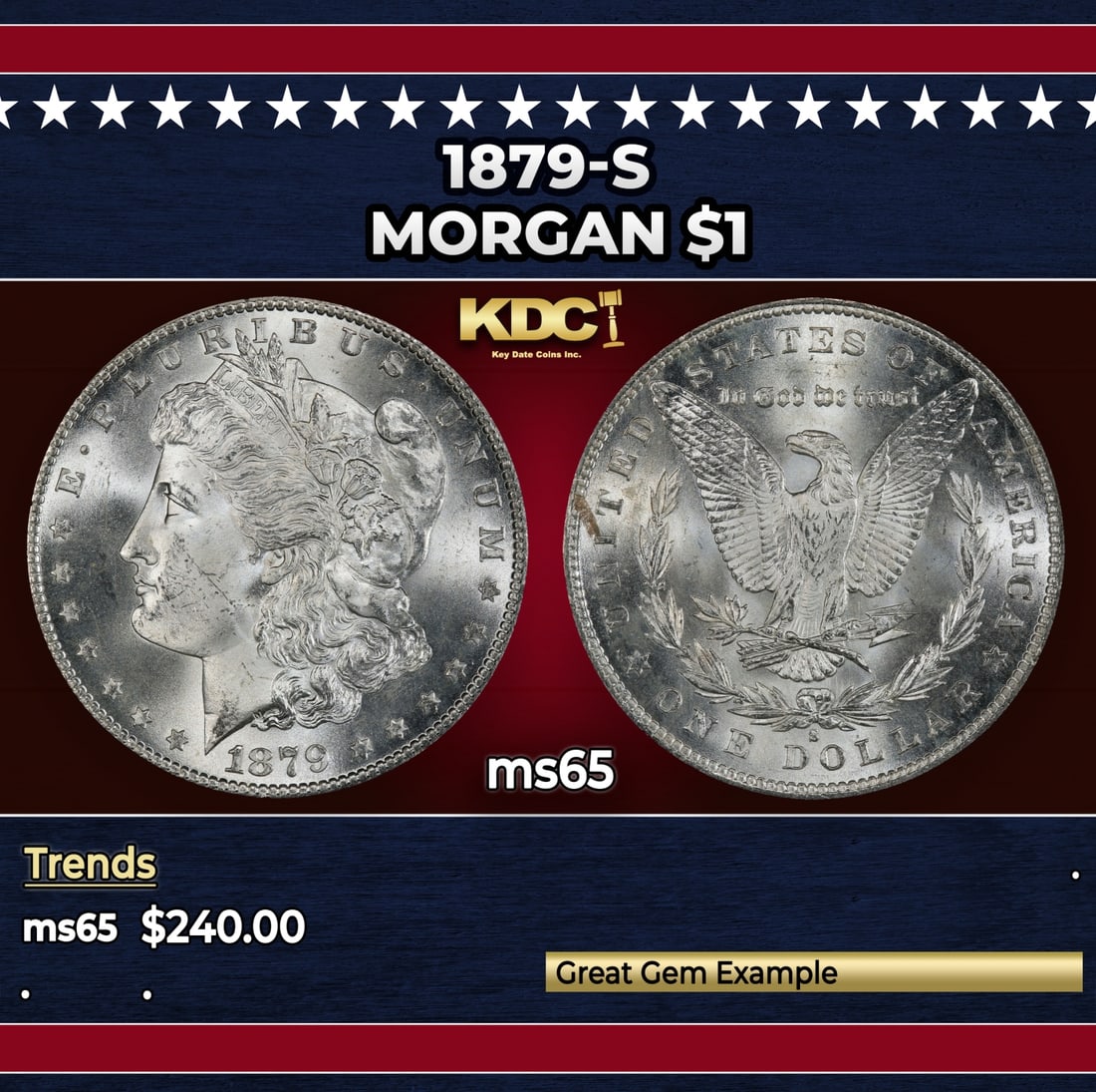 1879-s Morgan Dollar $1 Grades ms65: 1879-s Morgan Dollar $1 Grades ms65. Historic precious metal trends is causing increased spot pricing by the day. On auctions with set openings, we are doing our best to have items priced at their mar
