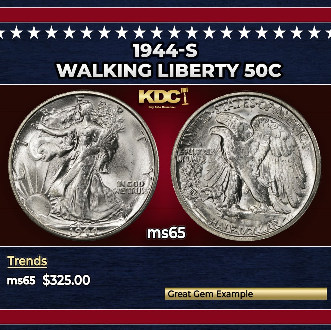 1944-s Walking Liberty Half Dollar 50c Grades ms65: 1944-s Walking Liberty Half Dollar 50c Grades ms65. Historic precious metal trends is causing increased spot pricing by the day. On auctions with set openings, we are doing our best to have items pric