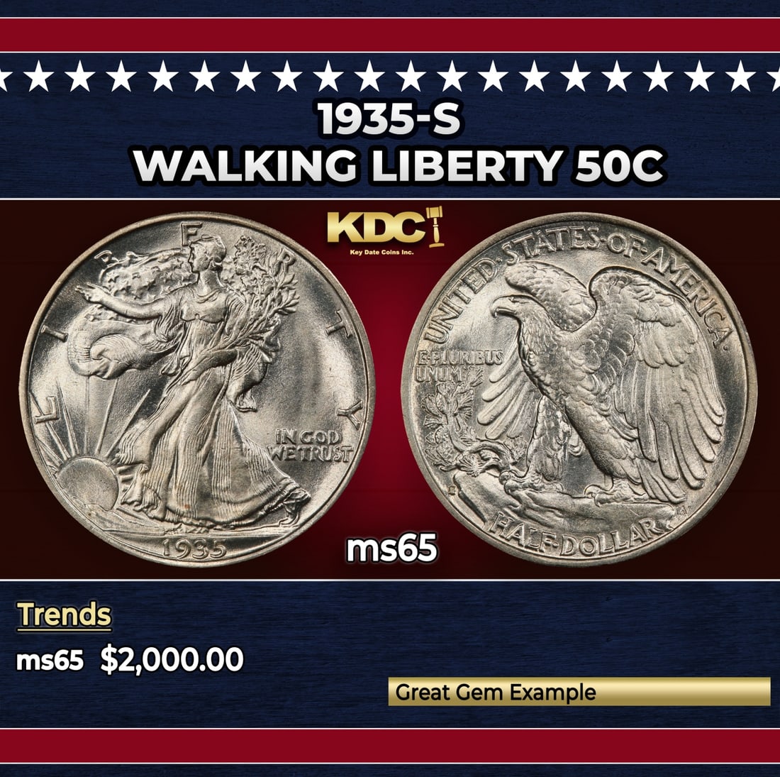 1935-s Walking Liberty Half Dollar 50c ms65 SEGS: 1935-s Walking Liberty Half Dollar 50c ms65 SEGS. Historic precious metal trends is causing increased spot pricing by the day. On auctions with set openings, we are doing our best to have items priced
