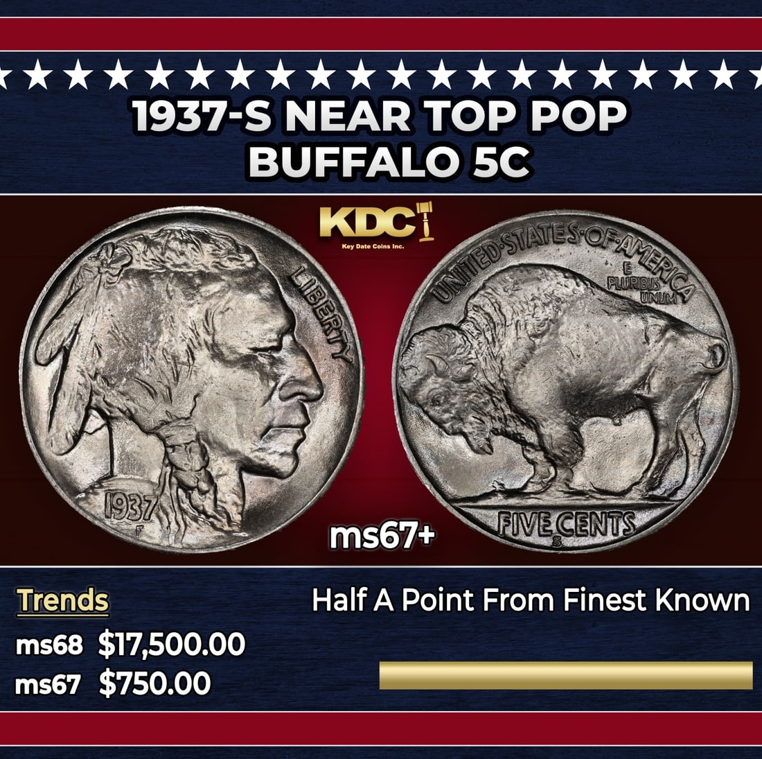 1937-s Buffalo Nickel Near Top Pop 5c ms67+ SEGS: 1937-s Near Top Pop Buffalo Nickel 5c ms67+ SEGS. Historic precious metal trends is causing increased spot pricing by the day. On auctions with set openings, we are doing our best to have items priced