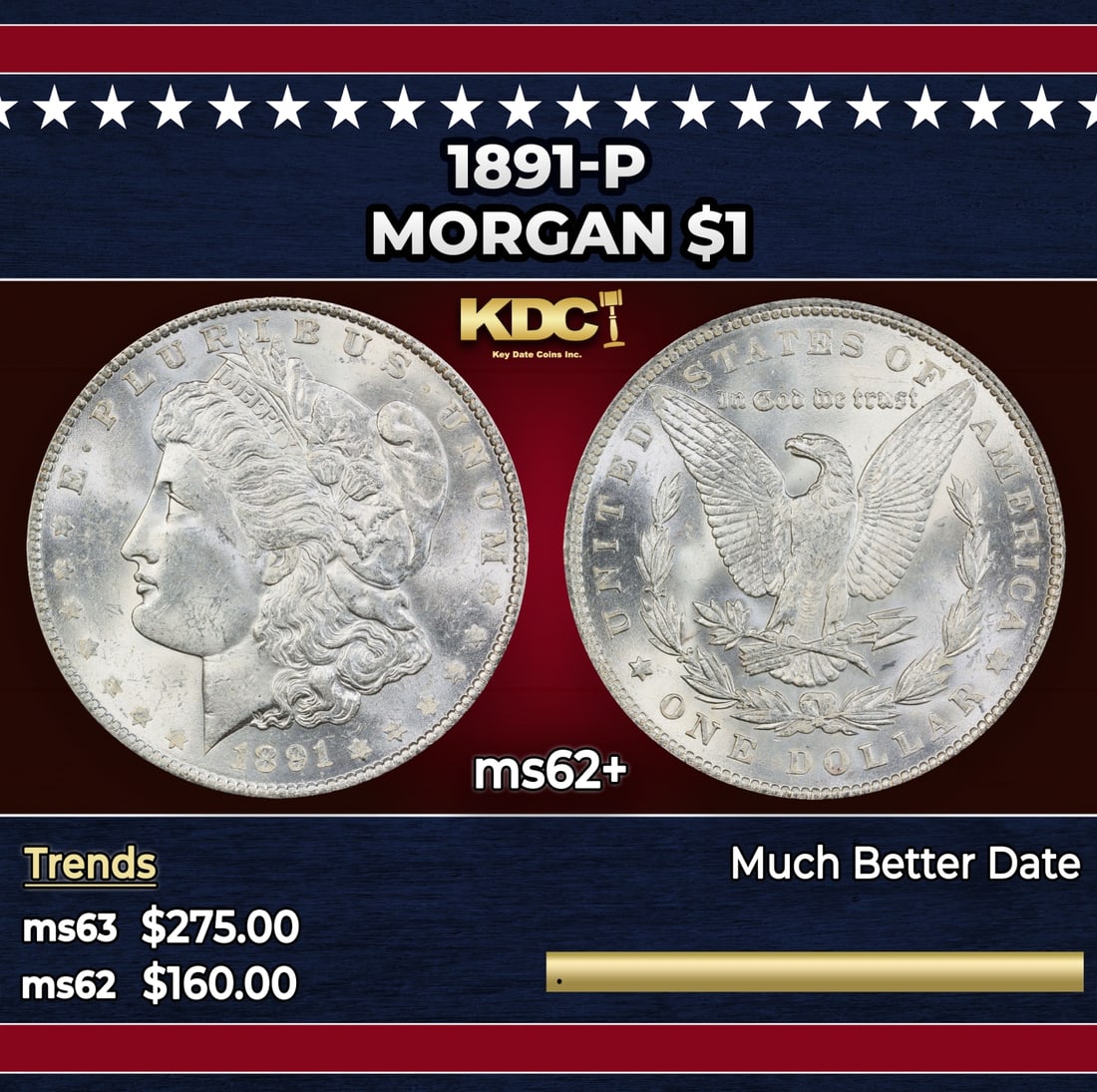 1891-p Morgan Dollar $1 Grades ms62+: 1891-p Morgan Dollar $1 Grades ms62+. Historic precious metal trends is causing increased spot pricing by the day. On auctions with set openings, we are doing our best to have items priced at their ma