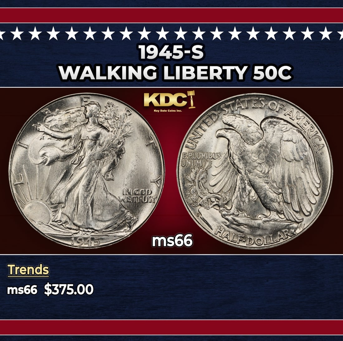 1945-s Walking Liberty Half Dollar 50c Grades ms66: 1945-s Walking Liberty Half Dollar 50c Grades ms66. Historic precious metal trends is causing increased spot pricing by the day. On auctions with set openings, we are doing our best to have items pric