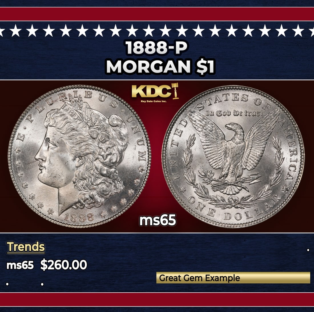 1888-p Morgan Dollar $1 Grades ms65: 1888-p Morgan Dollar $1 Grades ms65. Historic precious metal trends is causing increased spot pricing by the day. On auctions with set openings, we are doing our best to have items priced at their mar