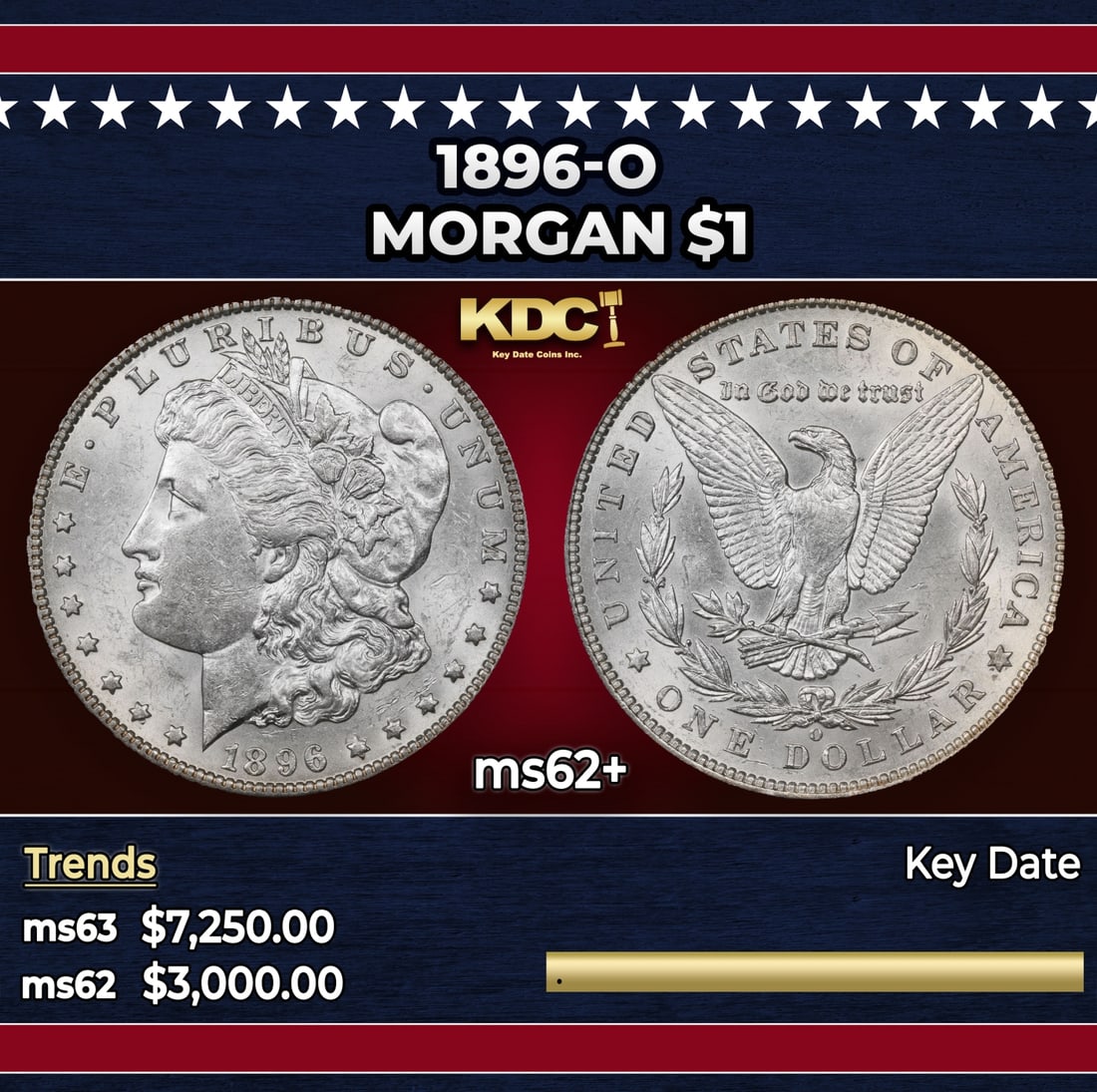 1896-o Morgan Dollar $1 ms62+ USCG: 1896-o Morgan Dollar $1 ms62+ USCG. Historic precious metal trends is causing increased spot pricing by the day. On auctions with set openings, we are doing our best to have items priced at their mark