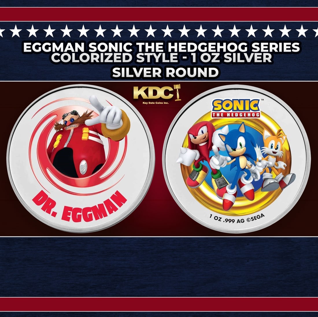 Eggman Sonic The Hedgehog Series Colorized Style - 1 oz Silver Round Round: Eggman Sonic The Hedgehog Series Colorized Style - 1 oz Silver Round. These are official Sonic the Hedgehog rounds that make a great gift for SEGA fans. Colorized obverse features a large character po