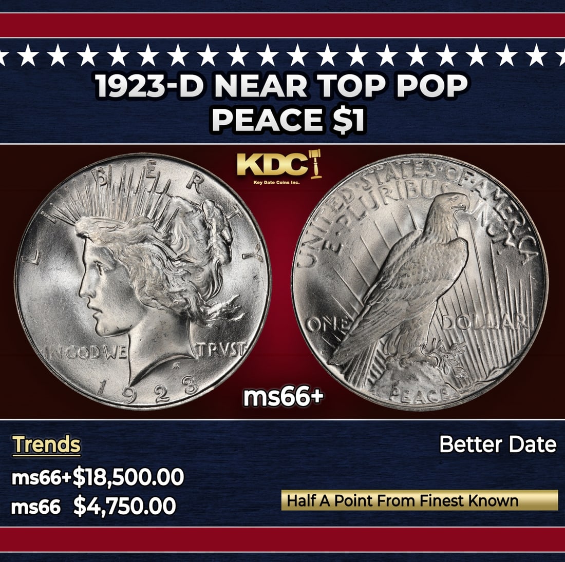 1923-d Peace Dollar Near Top Pop $1 ms66+ SEGS: 1923-d Near Top Pop Peace Dollar $1 ms66+ SEGS. Historic precious metal trends is causing increased spot pricing by the day. On auctions with set openings, we are doing our best to have items priced a