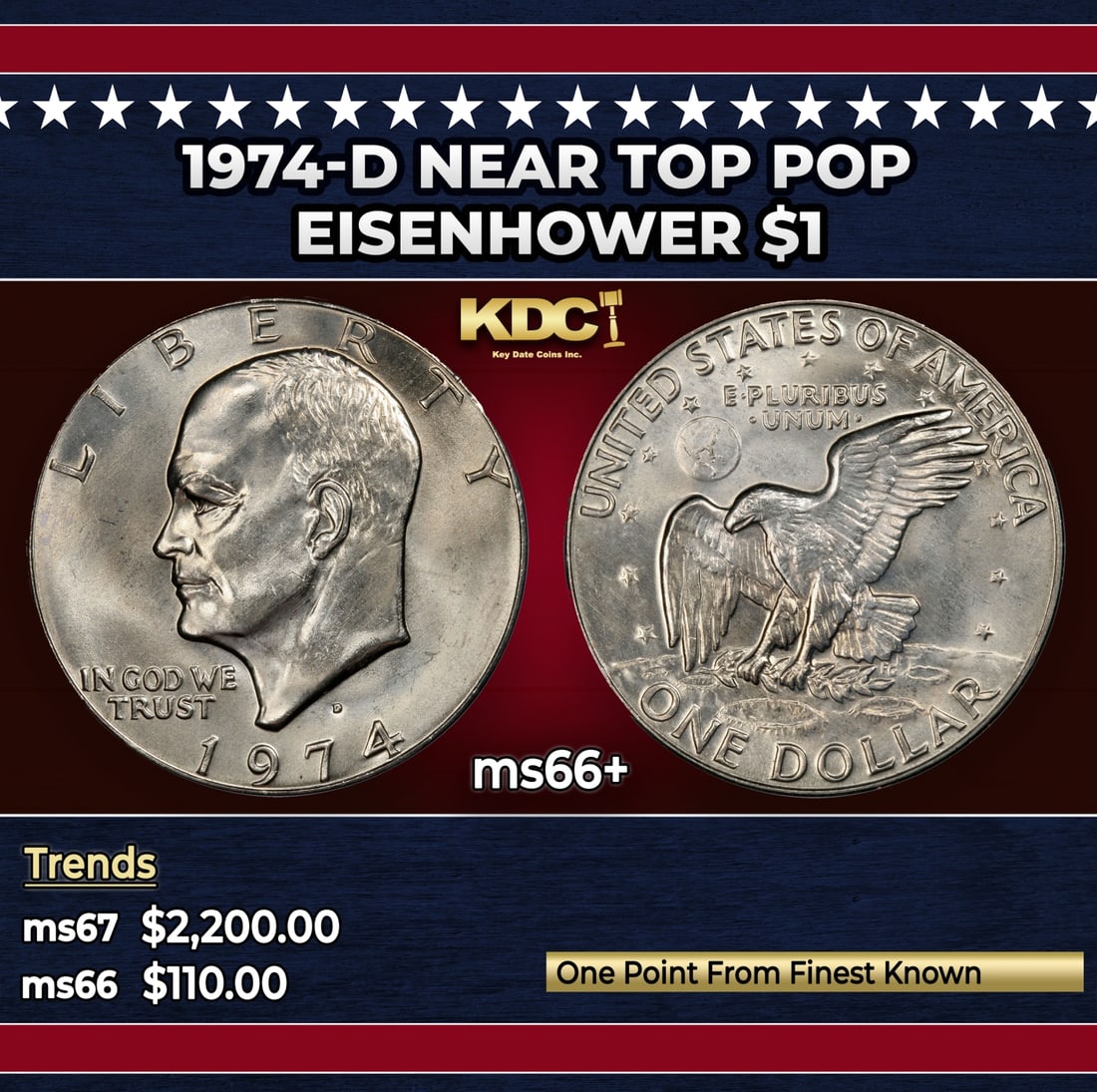 1974-d Eisenhower Dollar Near Top Pop $1 ms66+ SEGS: 1974-d Near Top Pop Eisenhower Dollar $1 ms66+ SEGS. Historic precious metal trends is causing increased spot pricing by the day. On auctions with set openings, we are doing our best to have items pri