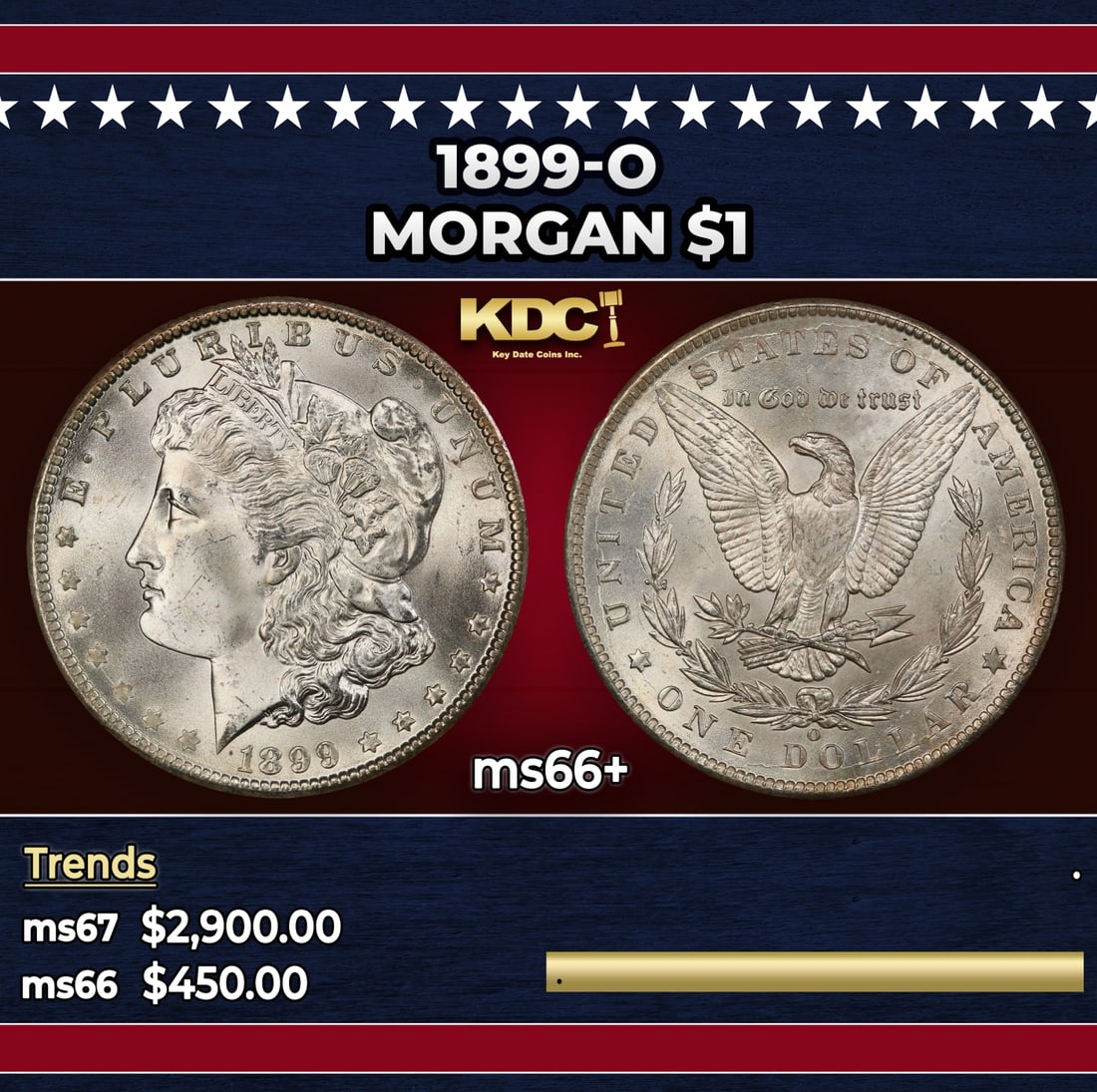 1899-o Morgan Dollar $1 ms66+ SEGS: 1899-o Morgan Dollar $1 ms66+ SEGS. Historic precious metal trends is causing increased spot pricing by the day. On auctions with set openings, we are doing our best to have items priced at their mark