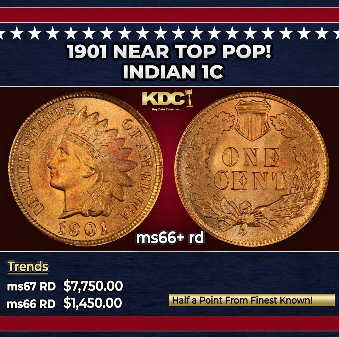 1901 Indian Cent Near Top Pop! 1c ms66+ rd SEGS: 1901 Near Top Pop! Indian Cent 1c ms66+ rd SEGS. Historic precious metal trends is causing increased spot pricing by the day. On auctions with set openings, we are doing our best to have items priced