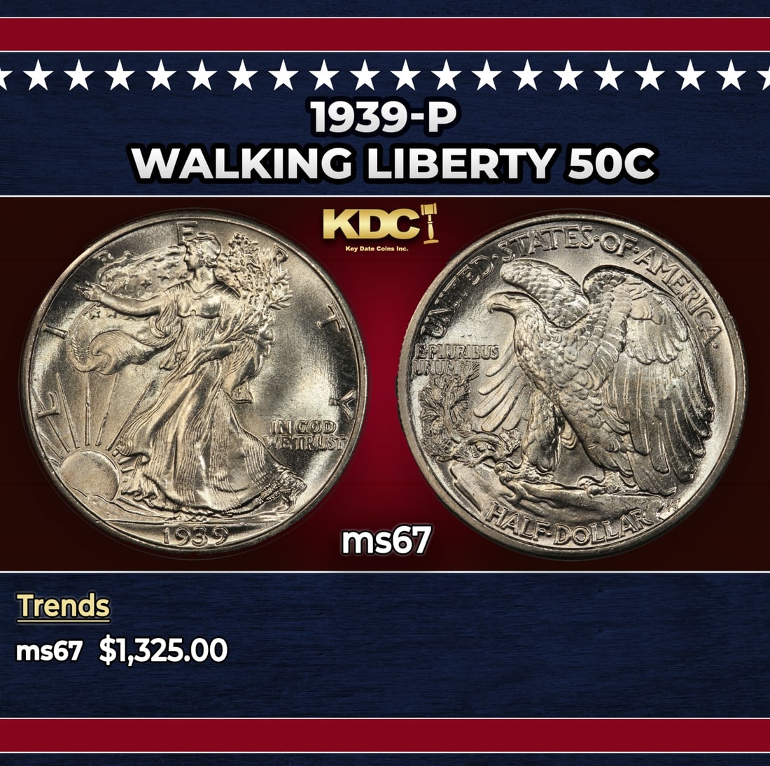 1939-p Walking Liberty Half Dollar 50c ms67 SEGS: 1939-p Walking Liberty Half Dollar 50c ms67 SEGS. Historic precious metal trends is causing increased spot pricing by the day. On auctions with set openings, we are doing our best to have items priced