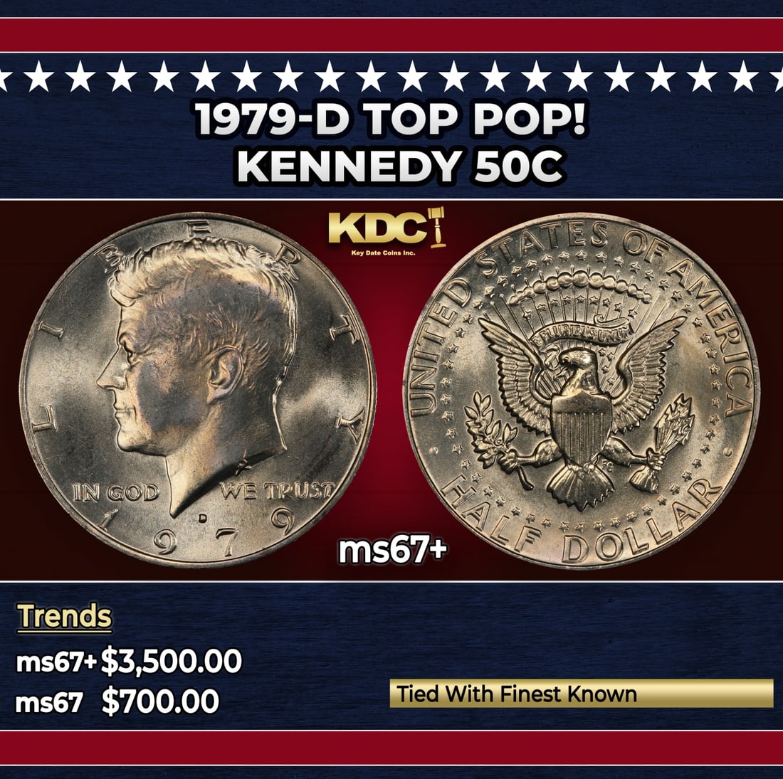 1979-d Kennedy Half Dollar TOP POP! 50c ms67+ SEGS: 1979-d TOP POP! Kennedy Half Dollar 50c ms67+ SEGS. Historic precious metal trends is causing increased spot pricing by the day. On auctions with set openings, we are doing our best to have items pric