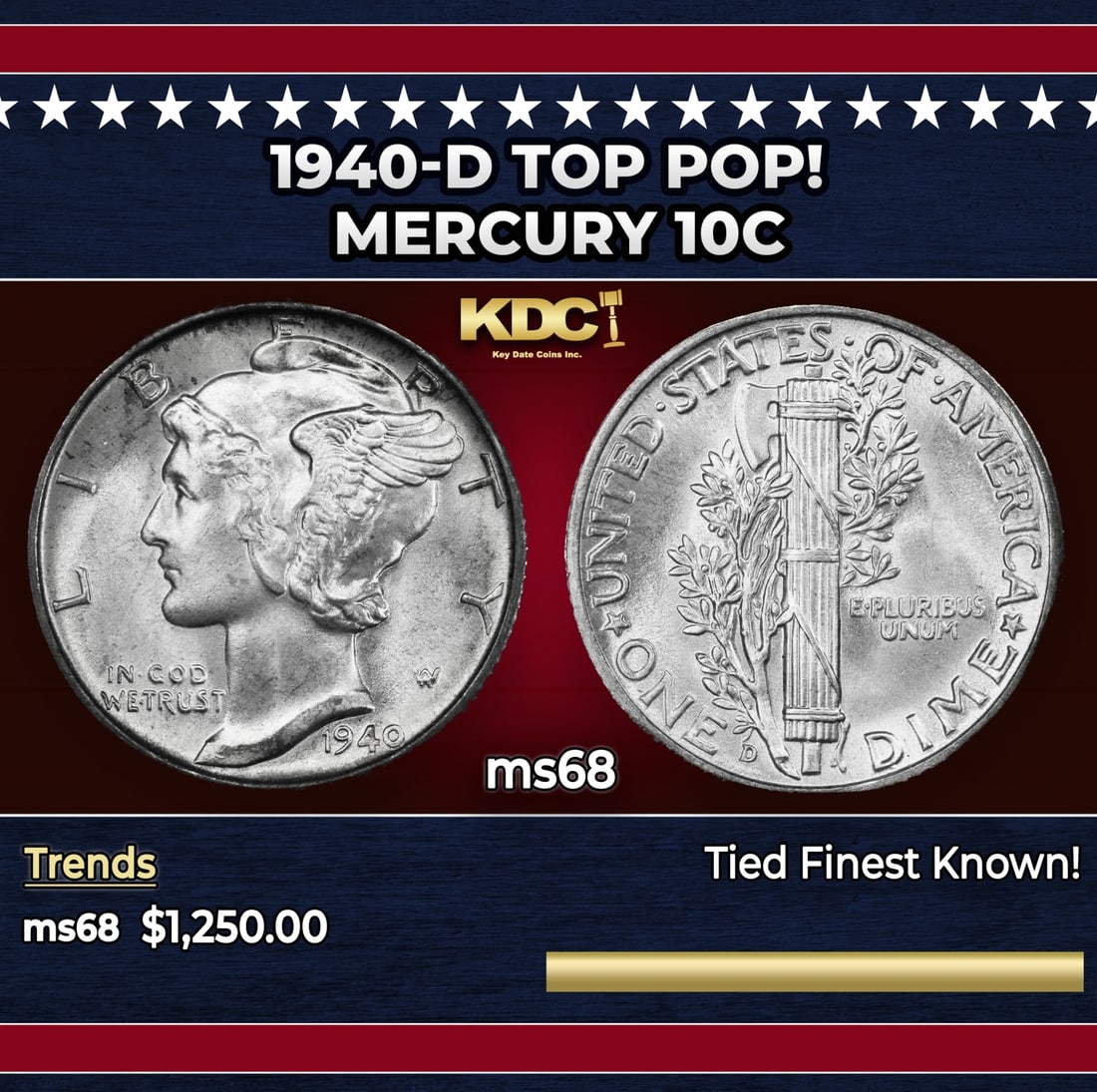 1940-d Mercury Dime TOP POP! 10c ms68 SEGS: 1940-d TOP POP! Mercury Dime 10c ms68 SEGS. Historic precious metal trends is causing increased spot pricing by the day. On auctions with set openings, we are doing our best to have items priced at th