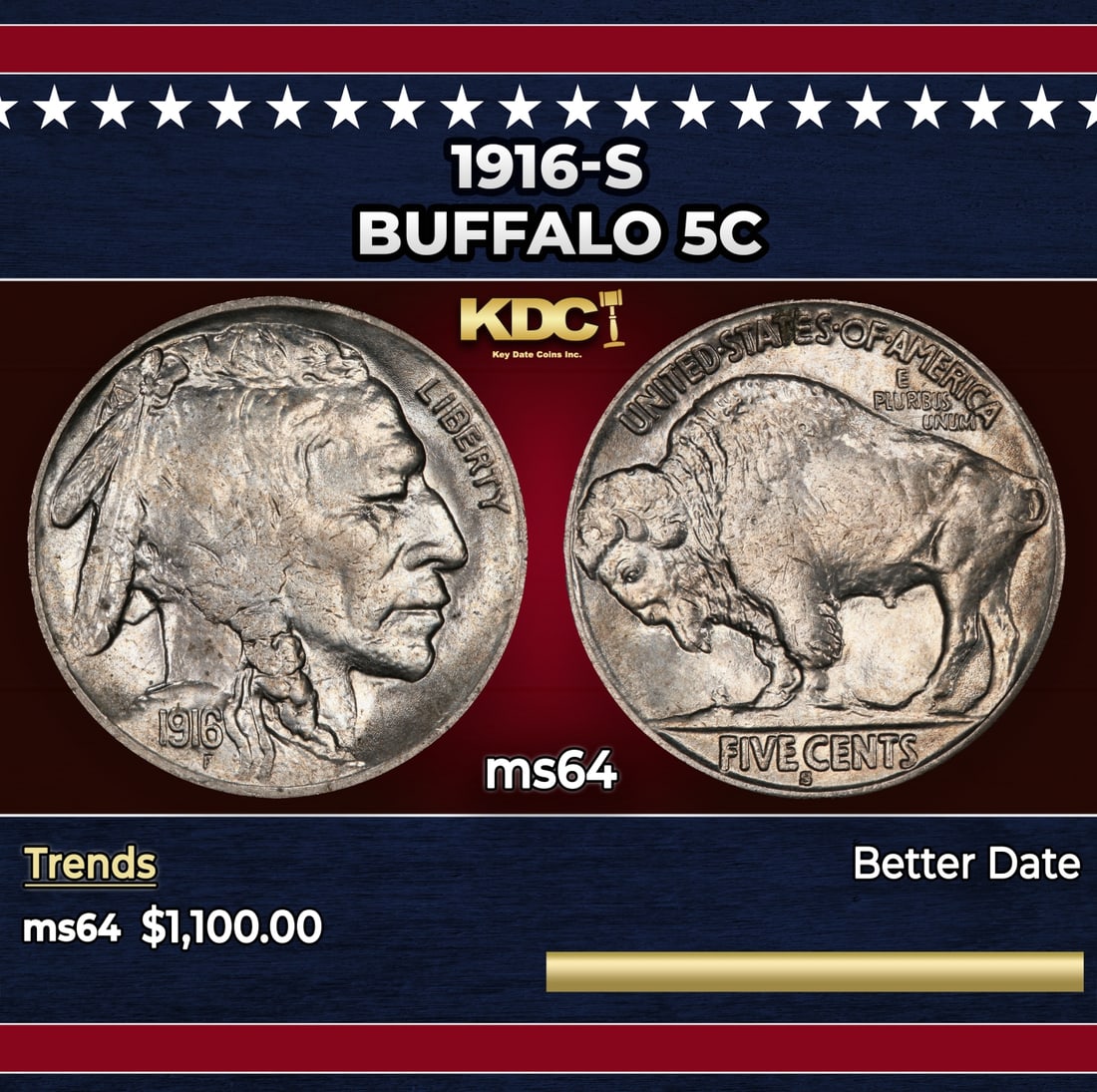 1916-s Buffalo Nickel 5c ms64 SEGS: 1916-s Buffalo Nickel 5c ms64 SEGS. A tough date. Historic precious metal trends is causing increased spot pricing by the day. On auctions with set openings, we are doing our best to have items priced