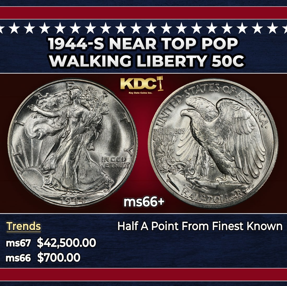 1944-s Walking Liberty Half Dollar Near Top Pop 50c ms66+ SEGS: 1944-s Near Top Pop Walking Liberty Half Dollar 50c ms66+ SEGS. Historic precious metal trends is causing increased spot pricing by the day. On auctions with set openings, we are doing our best to hav