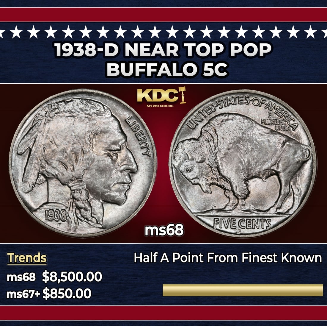1938-d Buffalo Nickel Near Top Pop 5c ms68 SEGS: 1938-d Near Top Pop Buffalo Nickel 5c ms68 SEGS. Historic precious metal trends is causing increased spot pricing by the day. On auctions with set openings, we are doing our best to have items priced