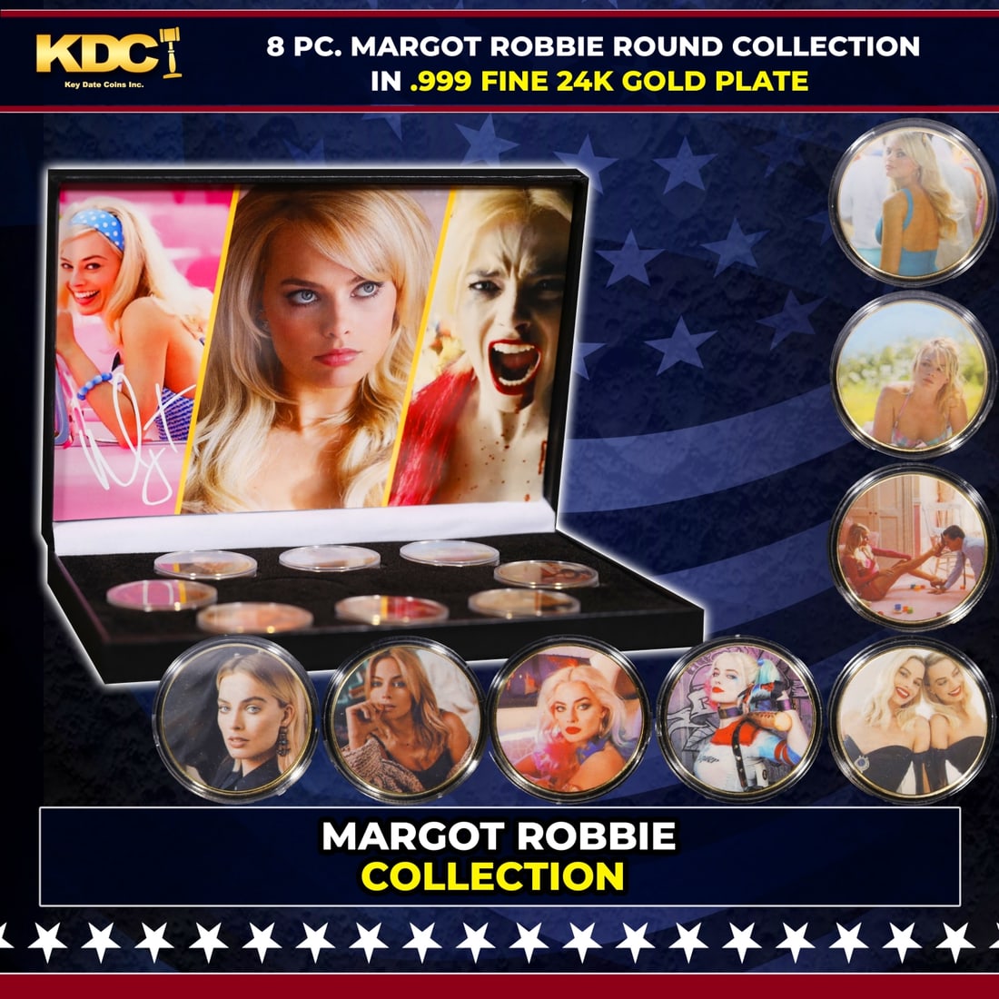 8 Coin Margot Robbie Gold Plated Round Collection: 8 Coin Margot Robbie Gold Plated Round Collection. Please Note All Backer Cards may have slight differences but will be very similar if not identical to the one in the photoHistoric precious metal tre