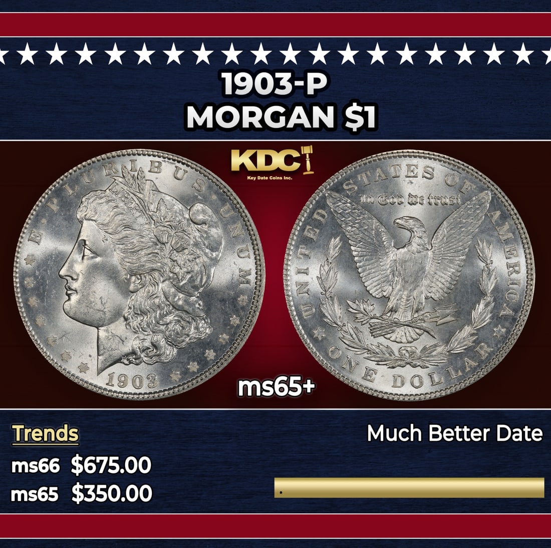 1903-p Morgan Dollar $1 Grades ms65+: 1903-p Morgan Dollar $1 Grades ms65+. Historic precious metal trends is causing increased spot pricing by the day. On auctions with set openings, we are doing our best to have items priced at their ma