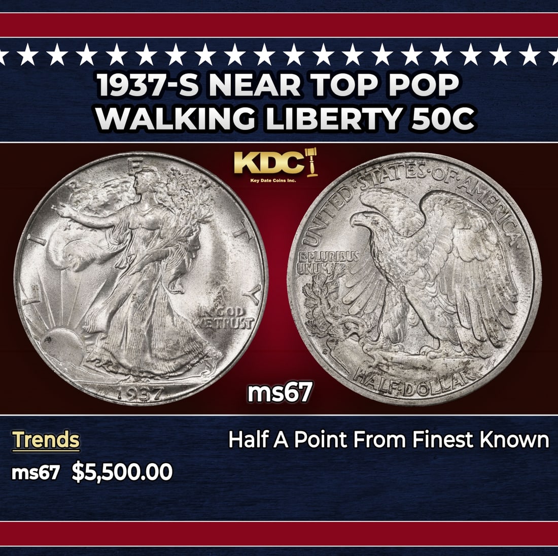 1937-s Walking Liberty Half Dollar Near Top Pop 50c ms67 SEGS: 1937-s Near Top Pop Walking Liberty Half Dollar 50c ms67 SEGS. Historic precious metal trends is causing increased spot pricing by the day. On auctions with set openings, we are doing our best to have