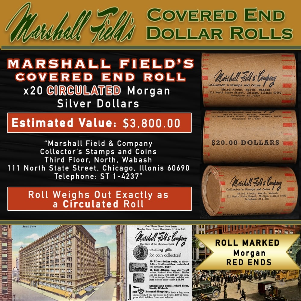 Rare RED Level MARSHALL FIELDS Circ Morgan $1 Roll 20: Rare RED Level MARSHALL FIELDS Circ Morgan $1 Roll 20. Up For Auction is a 186- Rare RED Level MARSHALL FIELDS Circ Morgan $1 Roll 20 Roll Weighing 534.8 g Based On this weight this is a Circ Roll We