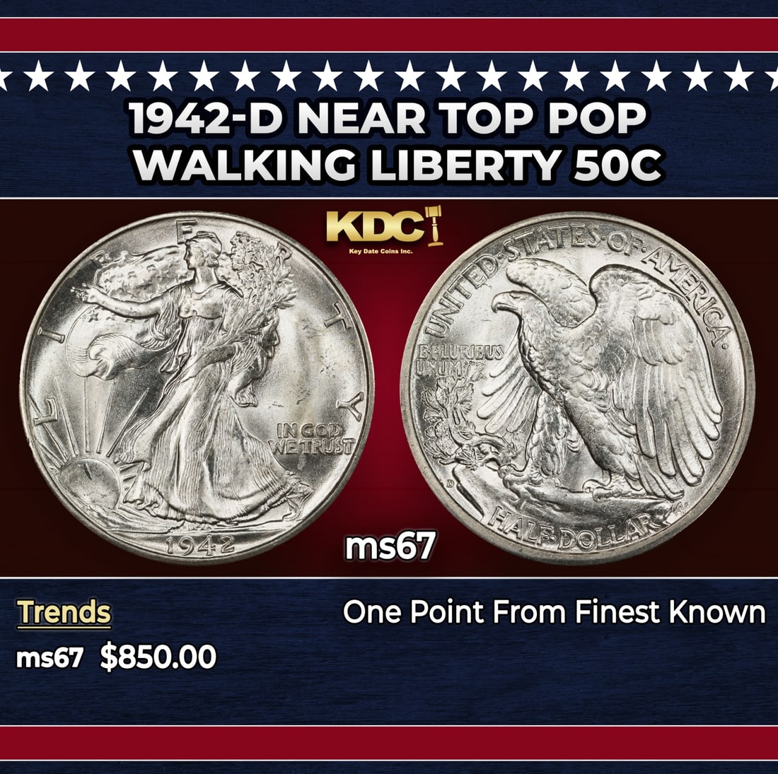 1942-d Walking Liberty Half Dollar Near Top Pop 50c ms67 SEGS: 1942-d Near Top Pop Walking Liberty Half Dollar 50c ms67 SEGS. Historic precious metal trends is causing increased spot pricing by the day. On auctions with set openings, we are doing our best to have